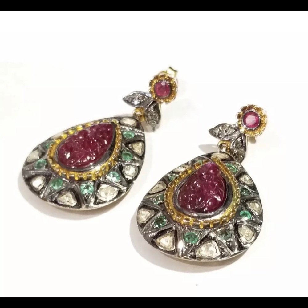 Carved ruby, emerald & diamond earrings